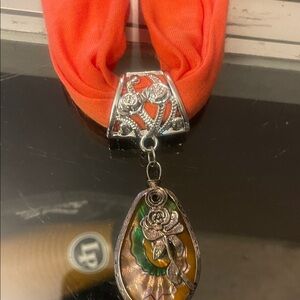 Floral Pendant Scarf Necklace in Orange and Silver